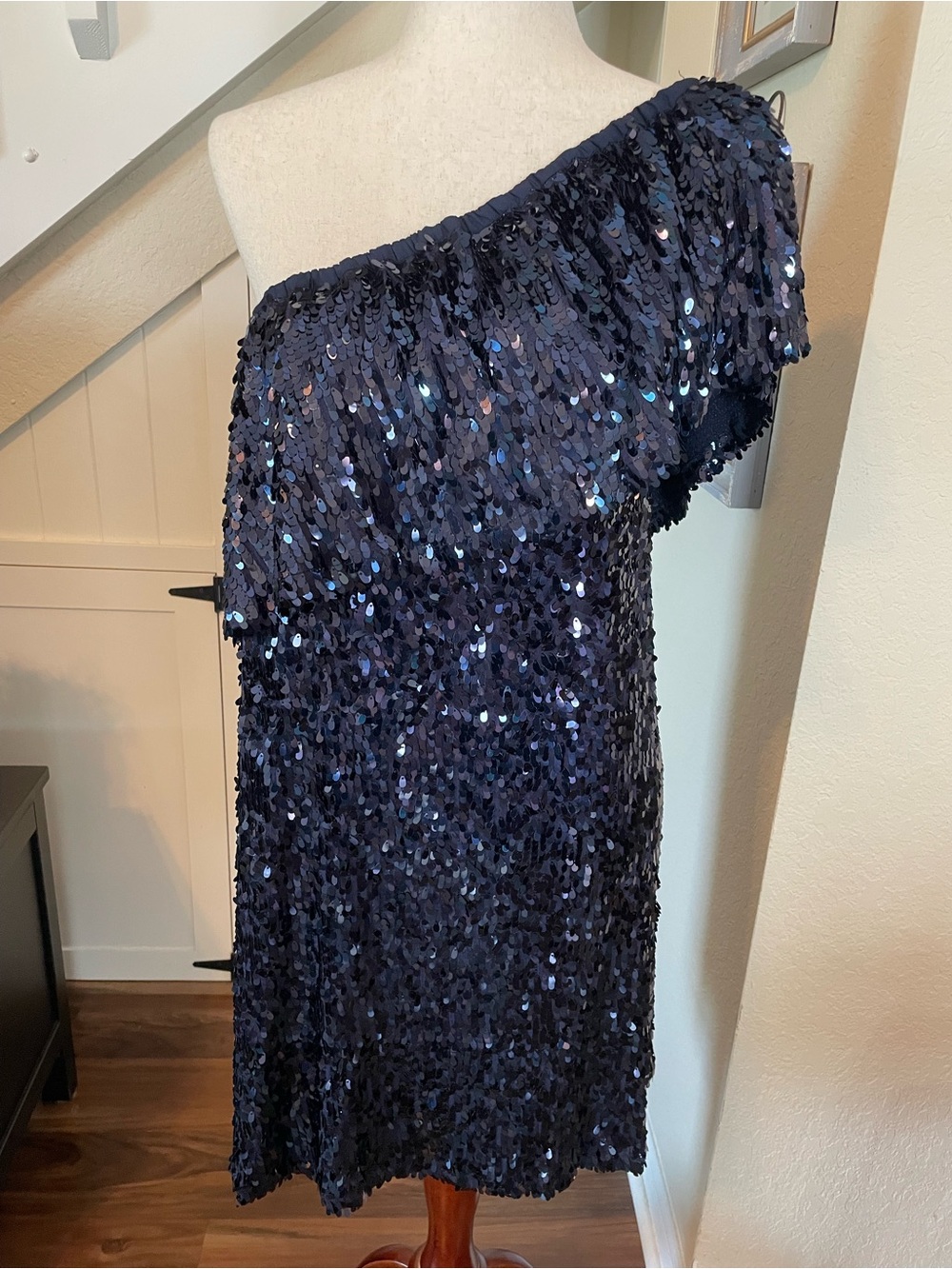 BB Dakota Oilslick One Shoulder Sequin Dress Navy Blue L